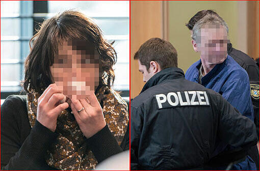Die ehemalige Kollegin des erschossenen Polizisten im Gerichtssaal, sichtlich aufgelöst. Die Beschuldigten wurden unter strengen Sicherheitsvorschriften in den Gerichtssaal geführt.