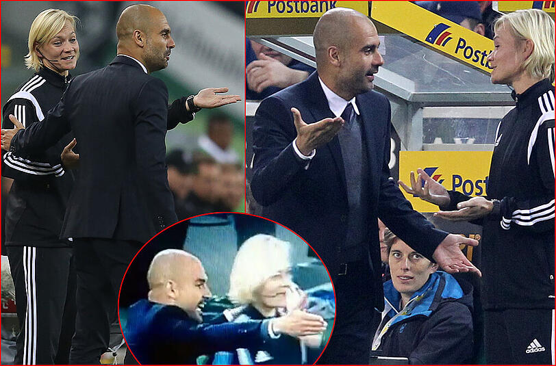 Im Spiel gegen Gladbach beschwert sich Pep Guardiola vehement bei der vierten Offiziellen Bibliana Steinhaus.