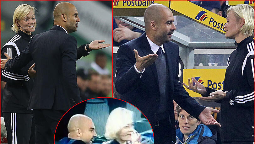 Im Spiel gegen Gladbach beschwert sich Pep Guardiola vehement bei der vierten Offiziellen Bibliana Steinhaus. Im Spiel gegen Gladbach beschwert sich Pep Guardiola vehement bei der vierten Offiziellen Bibliana Steinhaus.