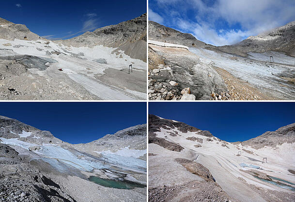 Die Reste des Gletschers N&ouml;rdlicher Schneeferner auf dem Zugspitzplatt, in einigen Jahren teilweise bedeckt mit Altschnee, am 11.08.2021 (oben, l.), am 08.08.2022 (oben, r.), am 16.08.2023 (unten, l.), und am 25.07.2024 (unten, r.). Die letzten Gletscher Deutschlands schmelzen immer schneller.