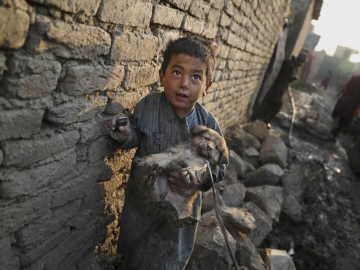Ein kleiner Junge mit einem Welpen in einem Lager für Binnenvertriebene in Kabul.