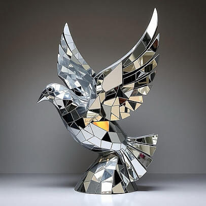 Am Eingang empfängt die Besucherinnen und Besucher eine riesige Friedens-Taube aus Spiegeln – geschaffen von den Künstlern Torsten Mühlbach und Gregor Passens.