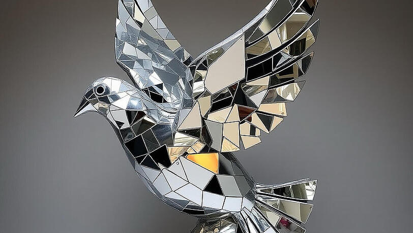 Am Eingang empfängt die Besucherinnen und Besucher eine riesige Friedens-Taube aus Spiegeln – geschaffen von den Künstlern Torsten Mühlbach und Gregor Passens. Am Eingang empfängt die Besucherinnen und Besucher eine riesige Friedens-Taube aus Spiegeln – geschaffen von den Künstlern Torsten Mühlbach und Gregor Passens.