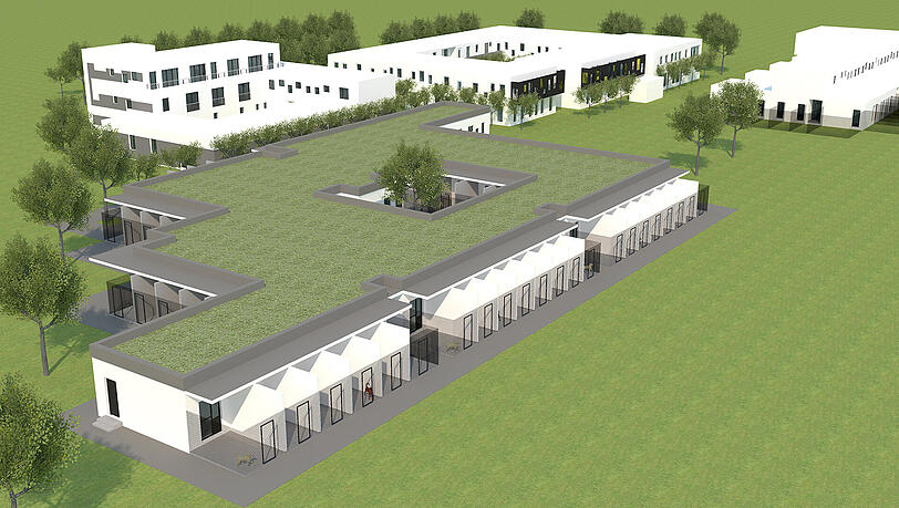 Das Haus vorn ist das geplante, neue Hundehaus. Dahinter links ist das Tiermedizin-Zentrum und rechts das Katzenhaus. Das Haus vorn ist das geplante, neue Hundehaus. Dahinter links ist das Tiermedizin-Zentrum und rechts das Katzenhaus.