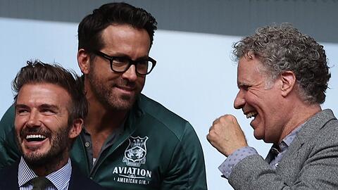 David Beckham, Ryan Reynolds und Will Ferrell (v.l.n.r.) waren am Sonntag bei einem Fußballspiel.
