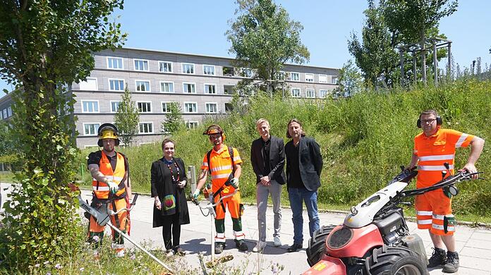 Baureferatsleiterin Jeanne-Marie Ehbauer (2. von l.), Zweiter Bürgermeister Dominik Krause (M.), Gartenbauleiter Florian Hochstätter (2. von r.) und drei Mitarbeiter der Stadt mit Balkenmäher und Freischneidern an einem wild gewachsenen Straßenrand. Foto: Daniel von Loeper