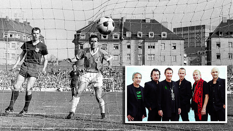 Derby im Jahr 1968: Bubi Bründl (M.) trifft für den TSV 1860, Bayerns Franz Beckenbauer kann nur zusehen. Kleines Bild: Haindling mit Schlagzeuger Peter Enderlein (2. v. r.).
