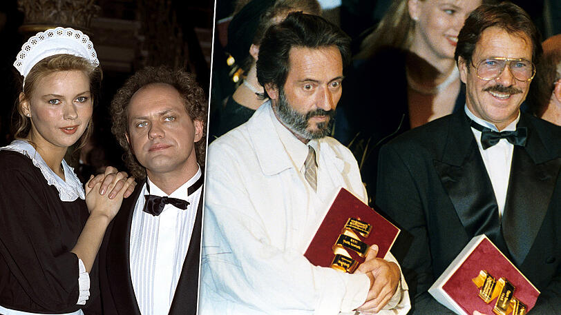 Veronica Ferres als Martha und Uwe Ochsenknecht als Fälscher der Hitler-Tagebücher. (l.) Helmut Dietl (l.) und Schauspieler Götz George werden 1992 in Berlin für den Film "Schtonk!" ausgezeichnet. (r.)