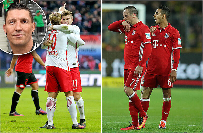Links: Einen besseren Aufsteiger gab es noch nie: RB Leipzig um die Offensivstars Timo Werner (r.) und Emil Forsberg rockt die Liga. Rechts: Verlust der Tabellenführung: Die Bayern-Profis Franck Ribéry (l.) und Thiago nach dem 0:1 bei Borussia Dortmund.