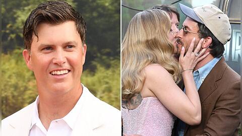 Colin Jost (l.) sieht die Red-Carpet-Küsse seiner Frau Scarlett Johansson und Jonathan Bailey gelassen.