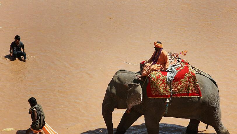 Ein magischer Ort: Ein indischer Mahout (Elefanten-Meister) reitet auf einem Elefanten durch den Tawi-Fluss in Jammut, Indien. Ein magischer Ort: Ein indischer Mahout (Elefanten-Meister) reitet auf einem Elefanten durch den Tawi-Fluss in Jammut, Indien.