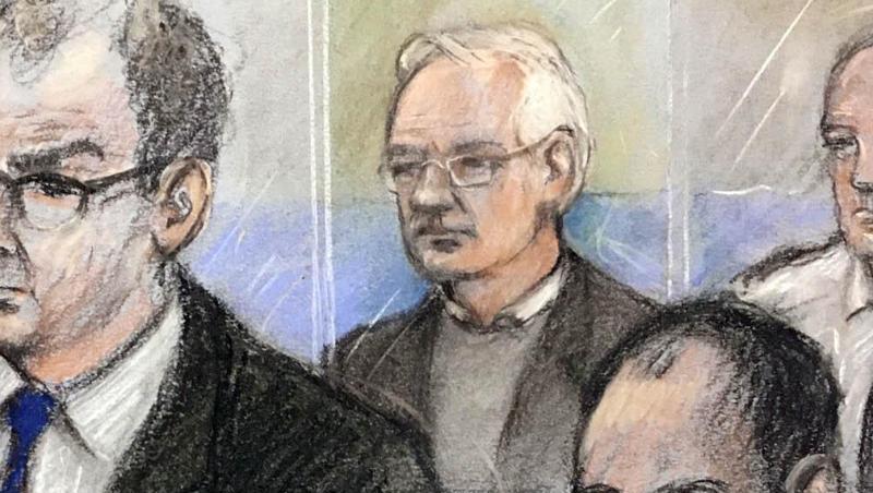 Diese Gerichtszeichnung von Elizabeth Cook zeigt Julian Assange (hinten,l), Wikileaks-Gründer, während der Anhörung. Diese Gerichtszeichnung von Elizabeth Cook zeigt Julian Assange (hinten,l), Wikileaks-Gründer, während der Anhörung.