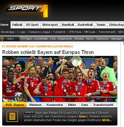 "Robben schießt Bayern auf Europas Thron", titelt das Online-Portal von Sport1.