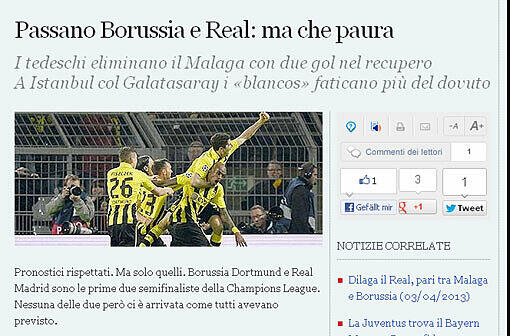 &bdquo;Corriere della Sera&ldquo; aus Italien schreibt: &bdquo;Borussia mit dem letzten Atemzug.&ldquo;