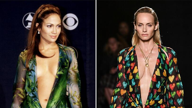 Jennifer Lopez (l.) im Versace-Kleid bei den Grammys 2000 und Amber Valletta (r.) in einer Variation des Versace-Kleides bei einer Fashionshow im Jahr 2019.