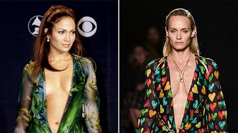 Jennifer Lopez (l.) im Versace-Kleid bei den Grammys 2000 und Amber Valletta (r.) in einer Variation des Versace-Kleides bei einer Fashionshow im Jahr 2019.