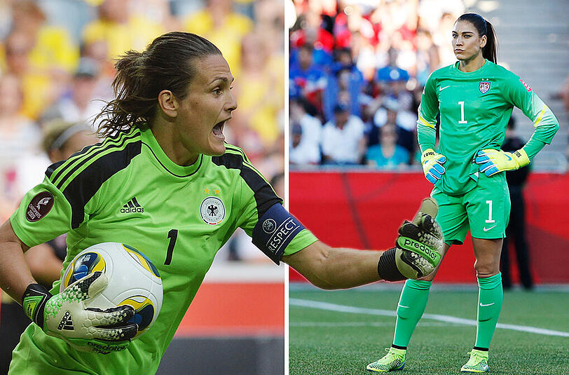 Zwei Damen in grün, zwei Nummer 1-Spielerinnen: Deutschlands Torfrau Nadine Angererer und die Amerikanerin Hope Solo (r.).
