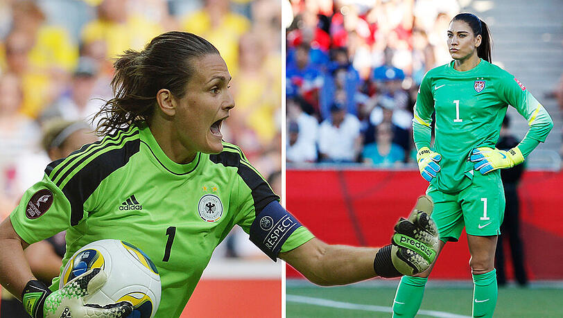 Zwei Damen in grün, zwei Nummer 1-Spielerinnen: Deutschlands Torfrau Nadine Angererer und die Amerikanerin Hope Solo (r.). Zwei Damen in grün, zwei Nummer 1-Spielerinnen: Deutschlands Torfrau Nadine Angererer und die Amerikanerin Hope Solo (r.).