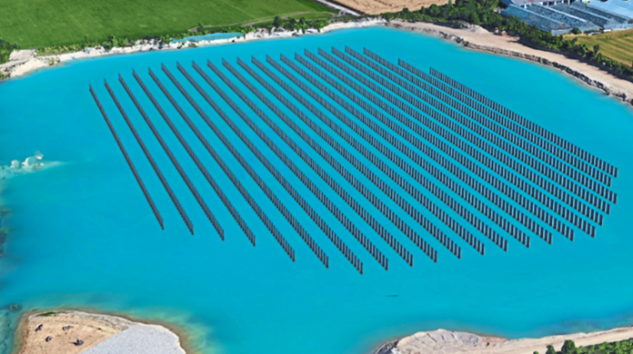 Eine Visualisierung der Photovoltaik-Anlage mit den stehenden Photovoltaik-Modulen. Foto: Sinn Power GmbH