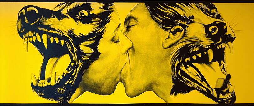 Robert Longos eindrucksvoll Arbeit &bdquo;Stron in Love (Dog Kiss)&ldquo; ist in der Galerie Klüser zu sehen.