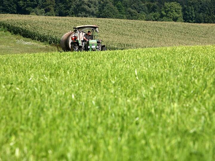Ein Bio-Bauer fährt mit seinem Traktor über eine Wiese. Foto: Tobias Hase/Archiv