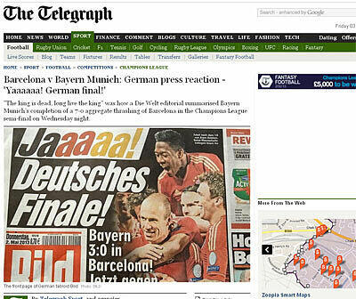 Der englische &bdquo;Telegraph&ldquo; beschäftigt sich mit den Pressestimmen in Deutschland, die das rein deutsche Finale bejubeln: "`Der König ist tot, lang lebe der König`, schrieb die deutsche Zeitung Die Welt zum triumphalen 7:0-Kantersieg des FC Bayern München über Barcelona."