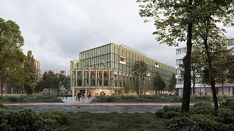 Der markante Büro-Neubau "i8", der energieschonend und nachhaltig als Holz-Hybrid-Konstruktion realisiert wird.