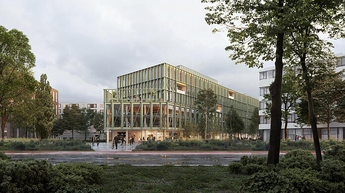 Der markante Büro-Neubau "i8", der energieschonend und nachhaltig als Holz-Hybrid-Konstruktion realisiert wird.