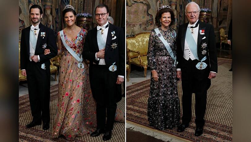 Kronprinzessin Victoria (2.v.l.) und ihre Mutter Königin Silvia entschieden sich beim Staatsbankett für Blumen, Prinz Carl Philip, Prinz Daniel und König Carl Gustaf (v.l.n.r.) kamen im Frack.