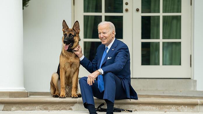 US-Präsident Joe Biden mit seinem Hund auf den Stufen vor dem Weißen Haus.
