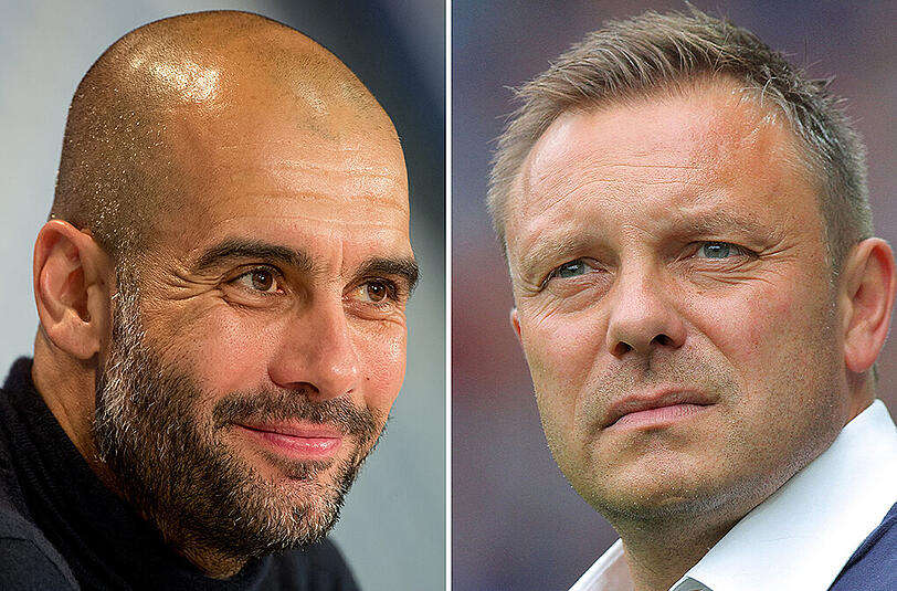 Die Trainer zweier grundverschiedener Clubs: Pep Guardiola (FC Bayern) Und Andre Breitenreiter (SC Paderborn).