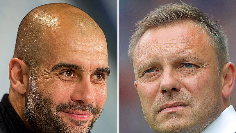 Die Trainer zweier grundverschiedener Clubs: Pep Guardiola (FC Bayern) Und Andre Breitenreiter (SC Paderborn). Die Trainer zweier grundverschiedener Clubs: Pep Guardiola (FC Bayern) Und Andre Breitenreiter (SC Paderborn).