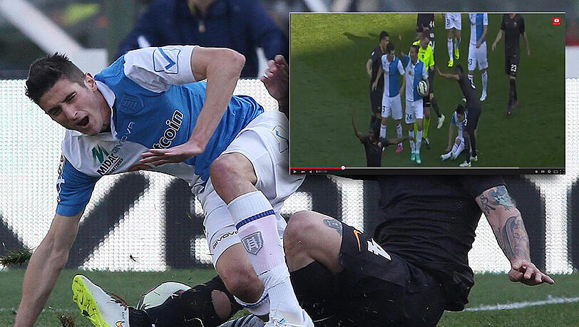 Die Szene, die allen im Stadion das Blut in den Adern gefrieren ließ: Federico Mattiello bricht sich Schien- und Wadenbein. Die Szene, die allen im Stadion das Blut in den Adern gefrieren ließ: Federico Mattiello bricht sich Schien- und Wadenbein.