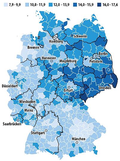 So viel Prozent der Menschen in den Landkreisen und kreisfreien Städten sind 75 Jahre und älter.