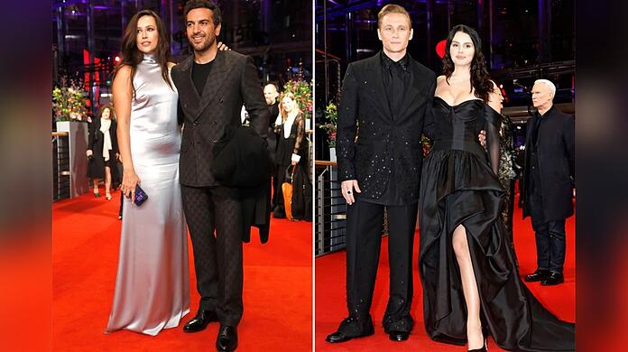 Elyas M'Barek (l.) mit Ehefrau Jessica und Matthias Schweighöfer mit Ruby O. Fee bei der Berlinale-Eröffnung.