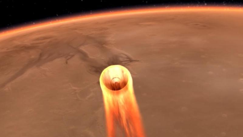 So stellt sich die Nasa den Landeanflug von "InSight" kurz vor dem Aufsetzen vor. So stellt sich die Nasa den Landeanflug von "InSight" kurz vor dem Aufsetzen vor.