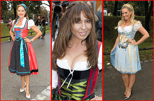 LAUFSTEG: Und immer wieder Promis und die Trachten! Vor dem Zelt präsentieren Doreen Dietl, Simone Thomalla und Alessandra Geissel ihre süßen Dirndl.