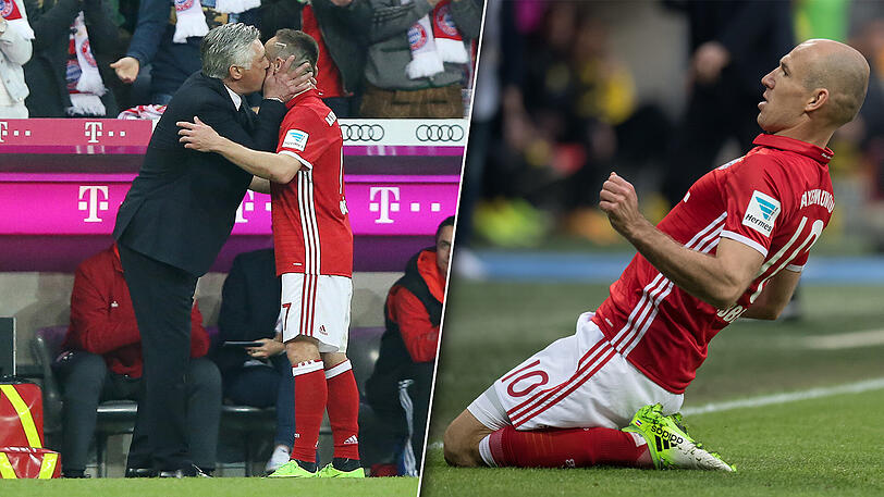 Italienischer Schmatzer: Bayern-Trainer Carlo Ancelotti (l.) herzt Franck Ribéry. Auch Arjen Robben (r.) spielte gegen die Dortmunder mächtig auf.