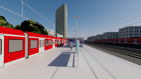 So soll der neue Mittelbahnsteig am Heimeranplatz mal aussehen. Im Hintergrund ist das ADAC-Hochhaus zu sehen.