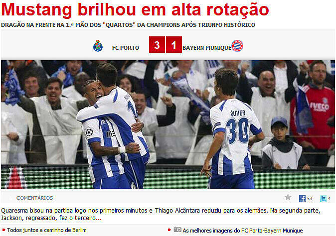 Die portugisische Zeitung "Record" stellt vor allem Offensivspieler Martinez, Spitzname Mustang, in den Fokus: "Der Mustang glänzt mit hoher Drehzahl".