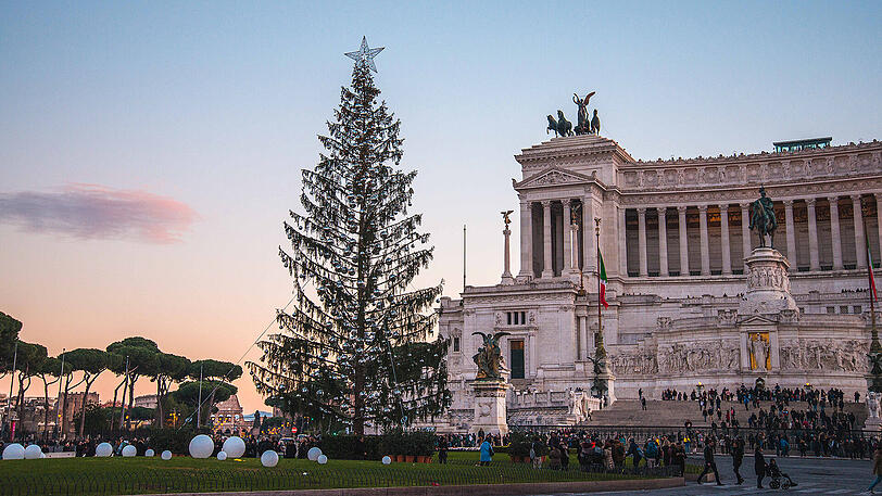 Der Christbaum vor dem Nationaldenkmal Vittorio Emanuele II. nahe dem Kapitol in Rom (Italien): manche erinnert er an eine Klobürste, andere an ein gerupftes Huhn