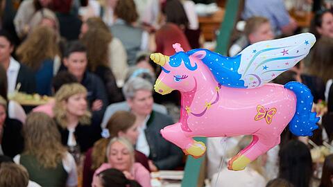 Ein rosa Einhorn schwebt &uuml;ber der Veranstaltung.