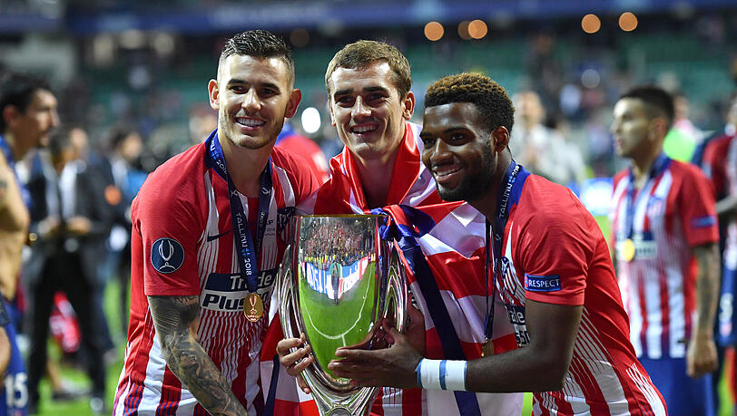 "Kumpels" aus Klub- und Nationalmannschaftszeiten: Lucas Hernández (l) und Antoine Griezmann (m). "Kumpels" aus Klub- und Nationalmannschaftszeiten: Lucas Hernández (l) und Antoine Griezmann (m).
