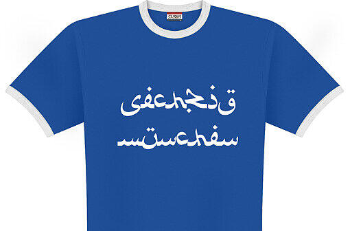 Sieht nur so aus, als ob es arabisch wäre: &bdquo;Sechzig München&ldquo; steht auf den Pro-Scheich-T-Shirts, die auf der Website world-of-football.de vertrieben werden.
