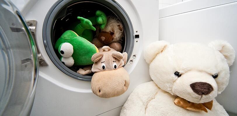 Kuscheltiere werden häufig in den Arm genommen und nehmen so Hautschuppen auf - Teddys sollten daher regelmäßig in die Waschmaschine!