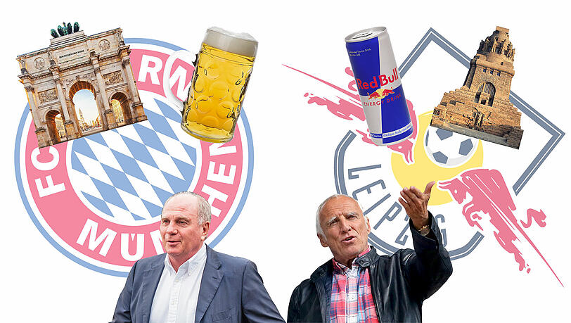 München gegen Leipzig – oder übersetzt: Bier gegen Red Bull, Siegestor gegen Völkerschlachtdenkmal und Hoeneß gegen Mateschitz. München gegen Leipzig – oder übersetzt: Bier gegen Red Bull, Siegestor gegen Völkerschlachtdenkmal und Hoeneß gegen Mateschitz.