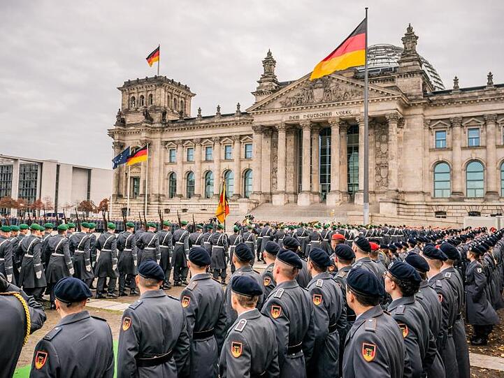 Rekrutinnen und Rekruten der Bundeswehr beim großen öffentlichen Gelöbnis vor dem Reichstagsgebäude.