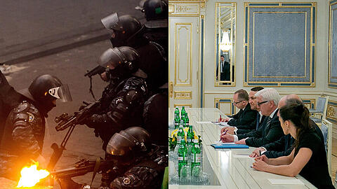 Links: Polizei nimmt Demonstranten unter Beschuss. Rechts: Die EU-Minister bei den Verhandlungen. Zwischen Regierung und Opposition in der Ukraine ist es zu einer Einigung gekommen.