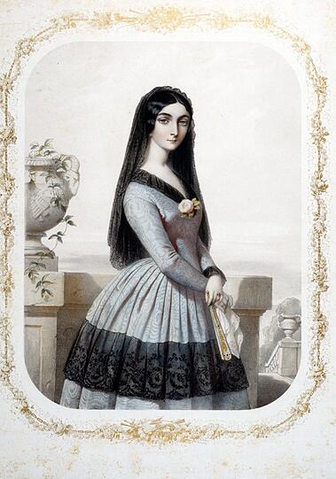 Eine 1844 entstandene Lithografie zeigt Lola Montez in einem spanischen Kleid.