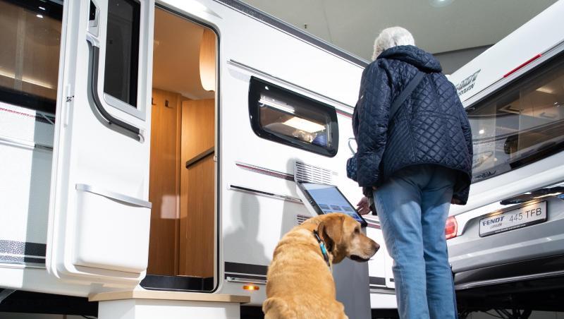 Ein Hund sitzt vor Wohnwägen auf der Reisemesse CMT. Foto: Tom Weller/dpa Ein Hund sitzt vor Wohnwägen auf der Reisemesse CMT. Foto: Tom Weller/dpa